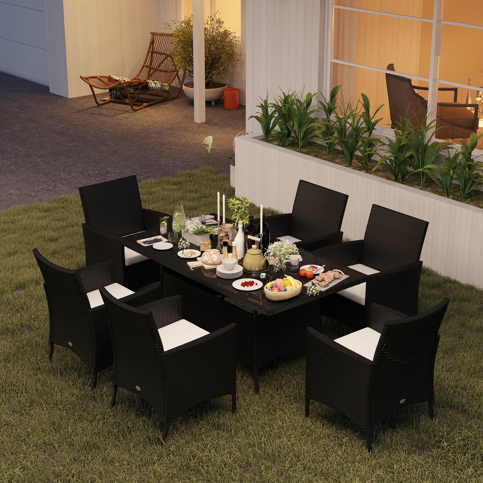 6 Seater Rattan Dining Set with Cushions, Rattan Garden Furniture Set with 6 Armchairs, Rectangular Glass Top Table, Outdoor Dining Table and Chairs, Black