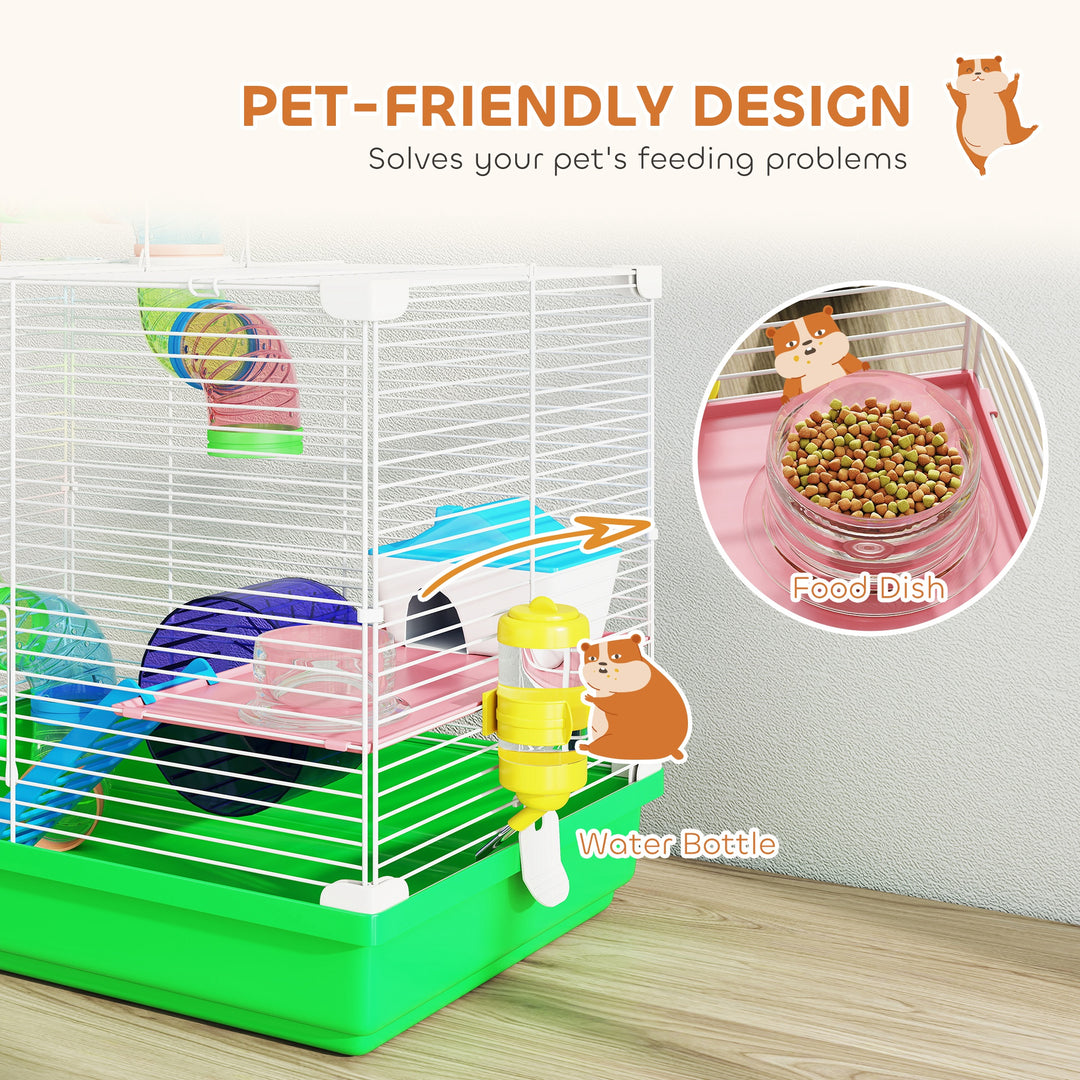 2 Tier Hamster Cage, Gerbil Cage with Handle, Exercise Wheels, Tunnel,
