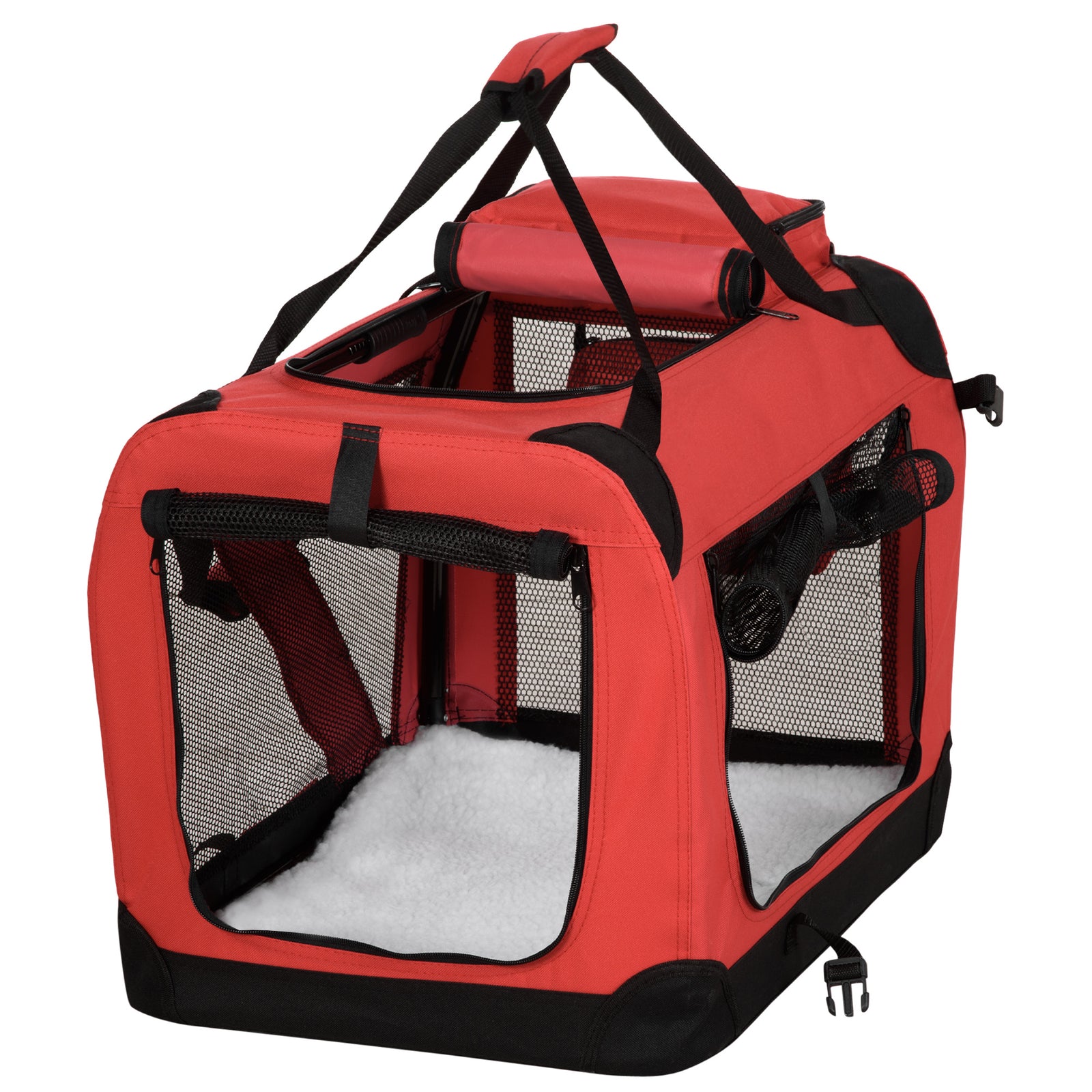 Foldable Pet Carrier for Small and Miniature Dogs, Portable Cat Carrier Soft Side Pet Travel Crate with Removable Mat, Storage Bags, Breathable Mesh Window 60 x 42 x 42cm - Red