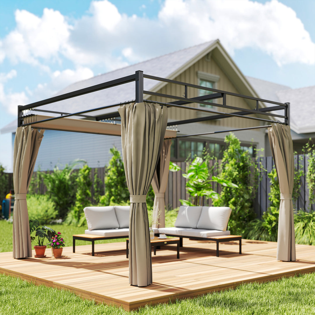 3 x 3 m Pergola with Retractable Roof Canopy and Curtains, UPF30+ Metal Frame Garden Pergola Gazebo Sun Shade