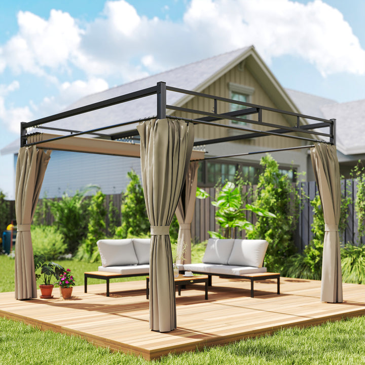 3 x 3 m Pergola with Retractable Roof Canopy and Curtains, UPF30+ Metal Frame Garden Pergola Gazebo Sun Shade
