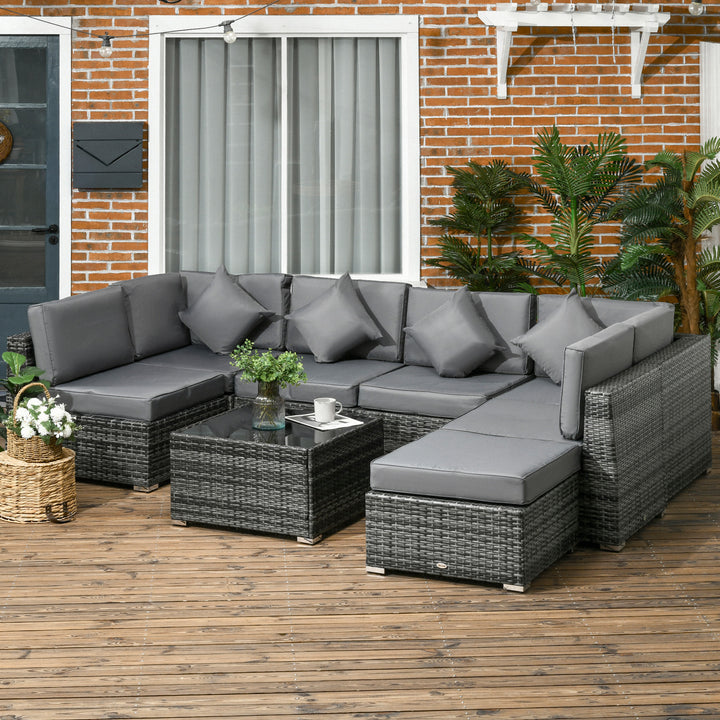 Outsunny 8 Pieces PE Rattan Corner Sofa Set Garden Furniture Set Patio Wicker Sofa Seater w/ Cushion Washable Cushion Cover Tempered Glass Table Grey