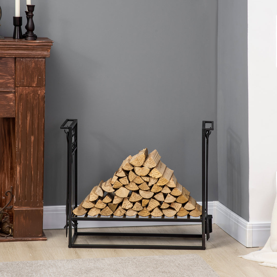 Steel Firewood Log Holder Indoor Outdoor Firewood Rack Fireplace Wood Storage Shelf with 4 Tools, Hooks, Scrolls, Rust-Resistant, Black, 75L x 30W x 60H cm