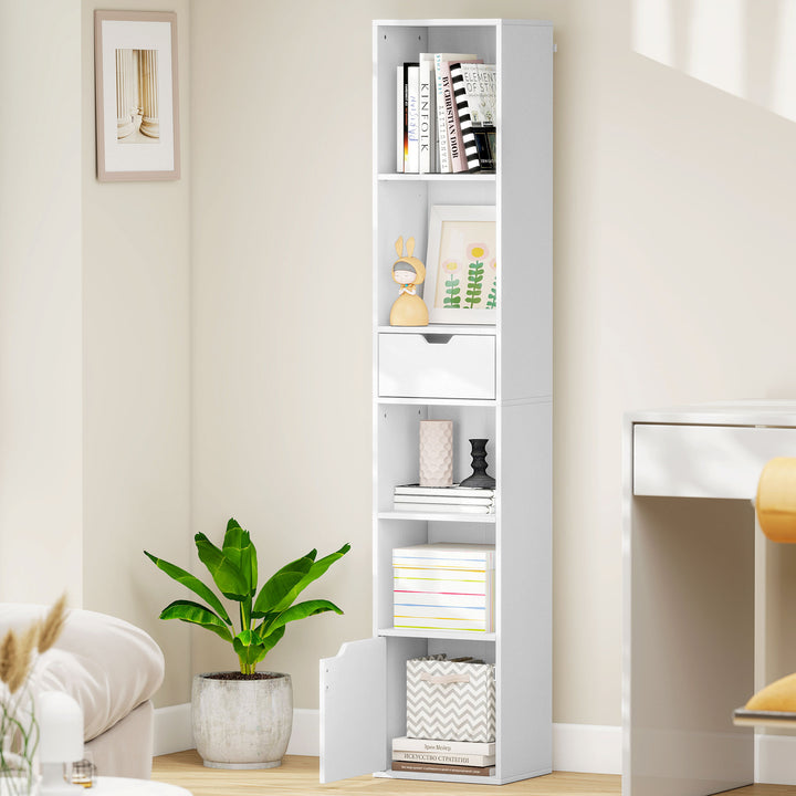 MCL 6-Tier Bookcase, Tall Narrow Bookshelf with Drawer and Door - White