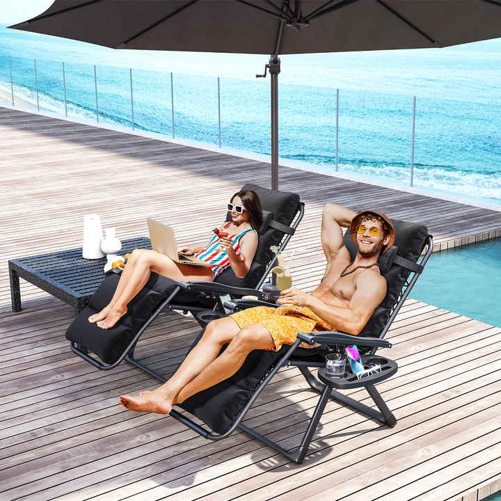 Set of Two Reclining Sun Loungers, with Cushion - Black