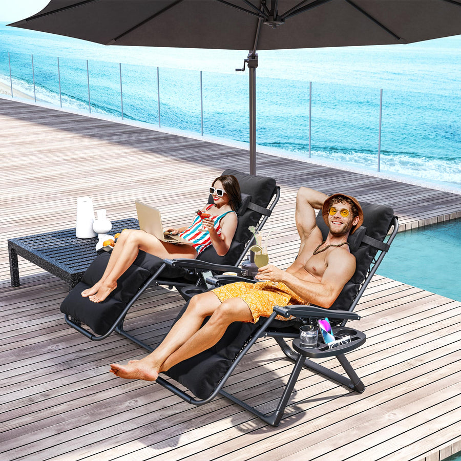 Set of Two Reclining Sun Loungers, with Cushion - Black