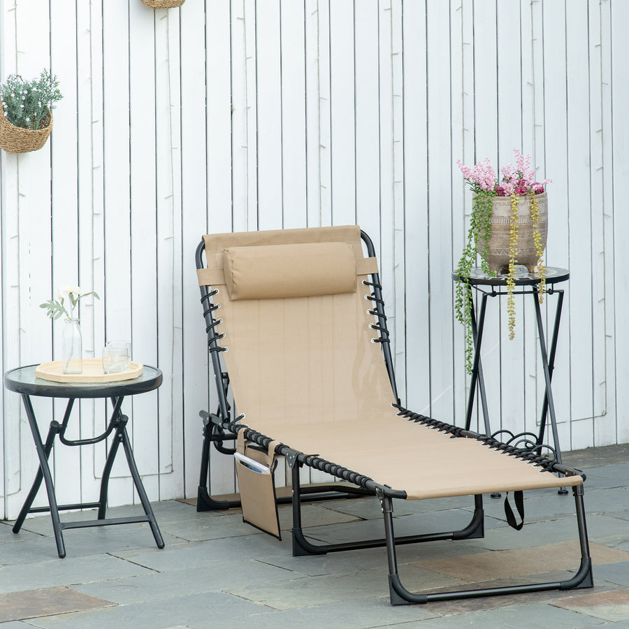 Portable Sun Lounger, Folding Camping Bed Cot, Reclining Lounge Chair 5-position Adjustable Backrest with Side Pocket, Pillow for Patio Garden Beach Pool, Beige