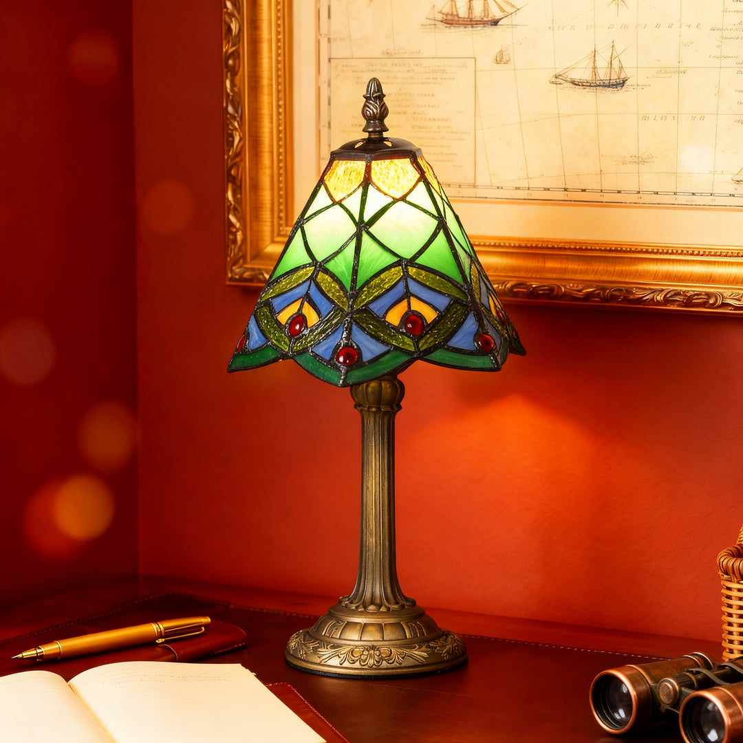 MCL Tiffany-Style Table Lamp with Geometric Patterns, Handcrafted Antique Stained Glass Bedside Lamp for Living Room and Bedroom, E27 Socket, Green