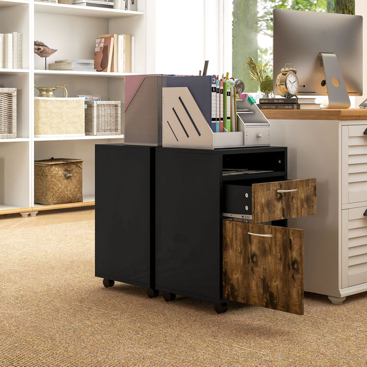60cm Filing Cabinet with Drawer, Open Shelf, Metal Handles and 4 Wheels, Office Home Organiser Mobile Printer, Rustic Brown