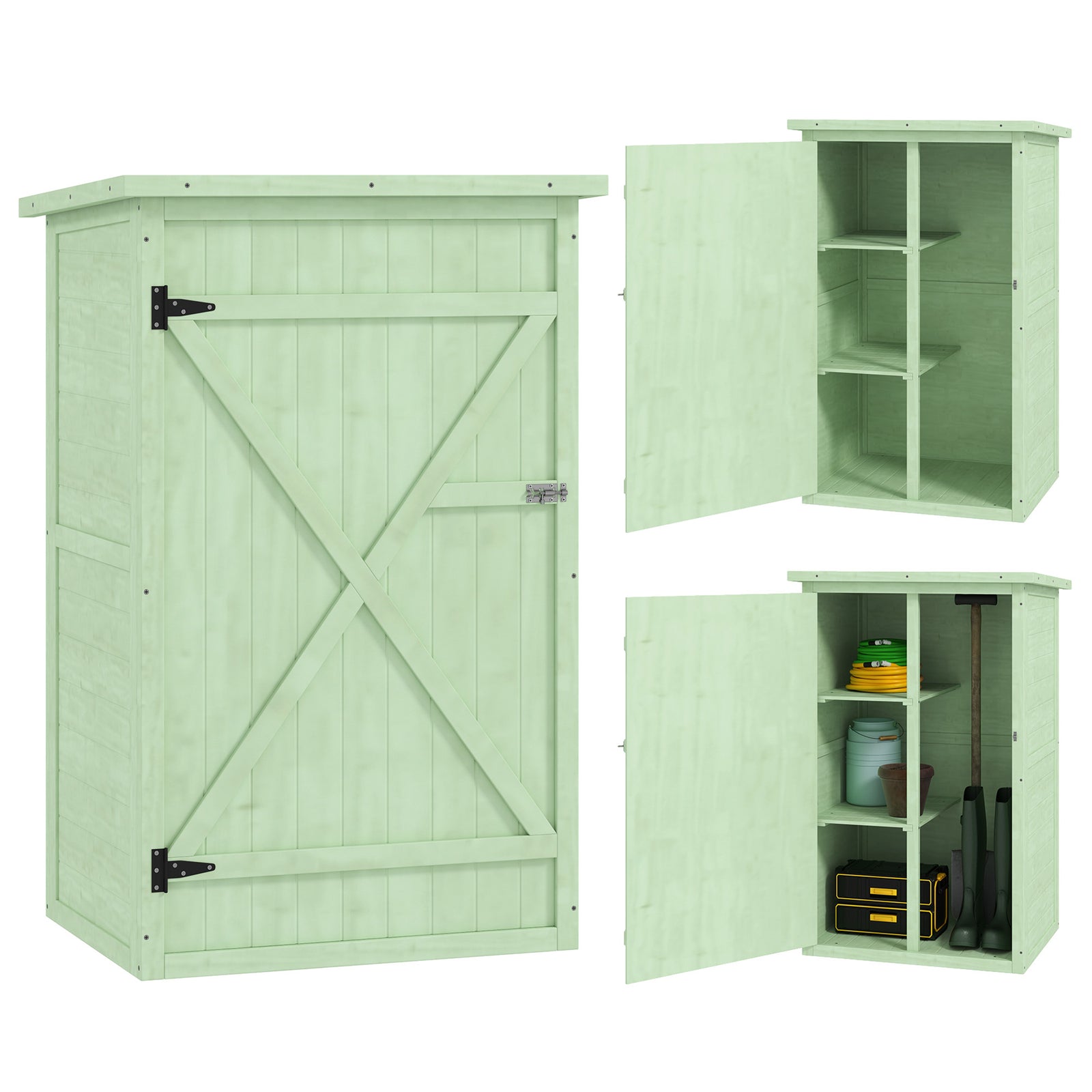 Wooden Small Shed, Garden Storage Shed with Shelves and Bolt Latch, 75L x 56W x115H cm, Green