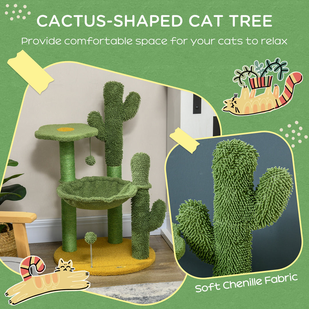 PawHut Cactus Cat Tree: Playful 82cm Chenille with Scratching Post & Hammock, Vibrant Green | Aosom UK