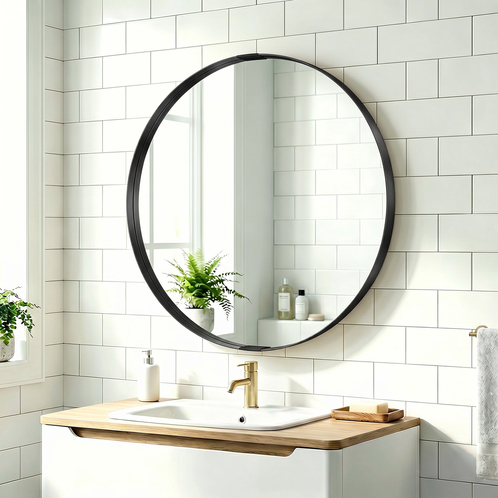 Round Wall Mirror 61 cm, Wall Mounted Bathroom Mirror with Tempered Sa