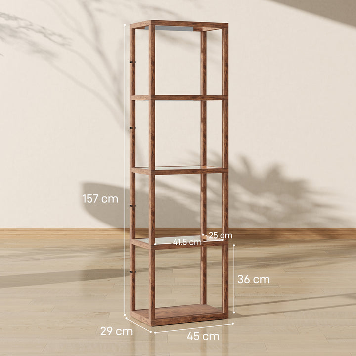 LED Floor Lamp with Glass Shelves, 4 Layers Dimmable Tall Standing Lamp, Modern Column Shelf Floor Light for Living Room, Bedroom, Office, Rustic Brown