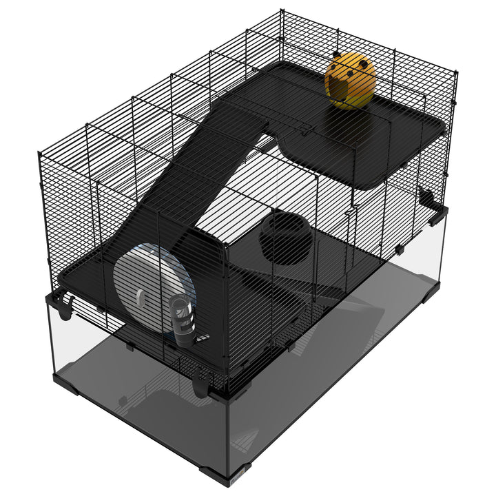 PawHut 3 Tiers Hamster Cage, Gerbil Cage with Deep Glass Bottom, Non-Slip Ramps, Platforms, Hut Exercise Wheels Water Bottle for Syrian Dwarf Hamster