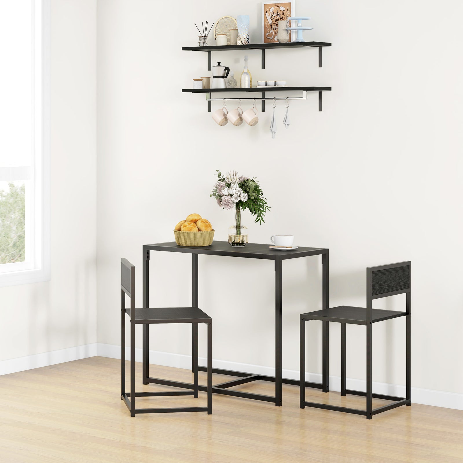 Dining Table and Chairs Set 2, Dining Room Sets, Rectangular Space Saving Table and 2 Chairs for Compact Kitchens, Steel Frame, Black