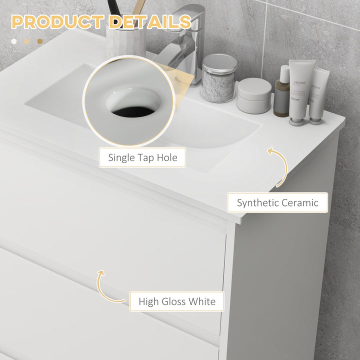 kleankin Floor Standing Vanity Unit: 600mm Bathroom Sink Cabinet with Basin, Single Tap Hole, High Gloss, 2 Drawers - White | Aosom UK