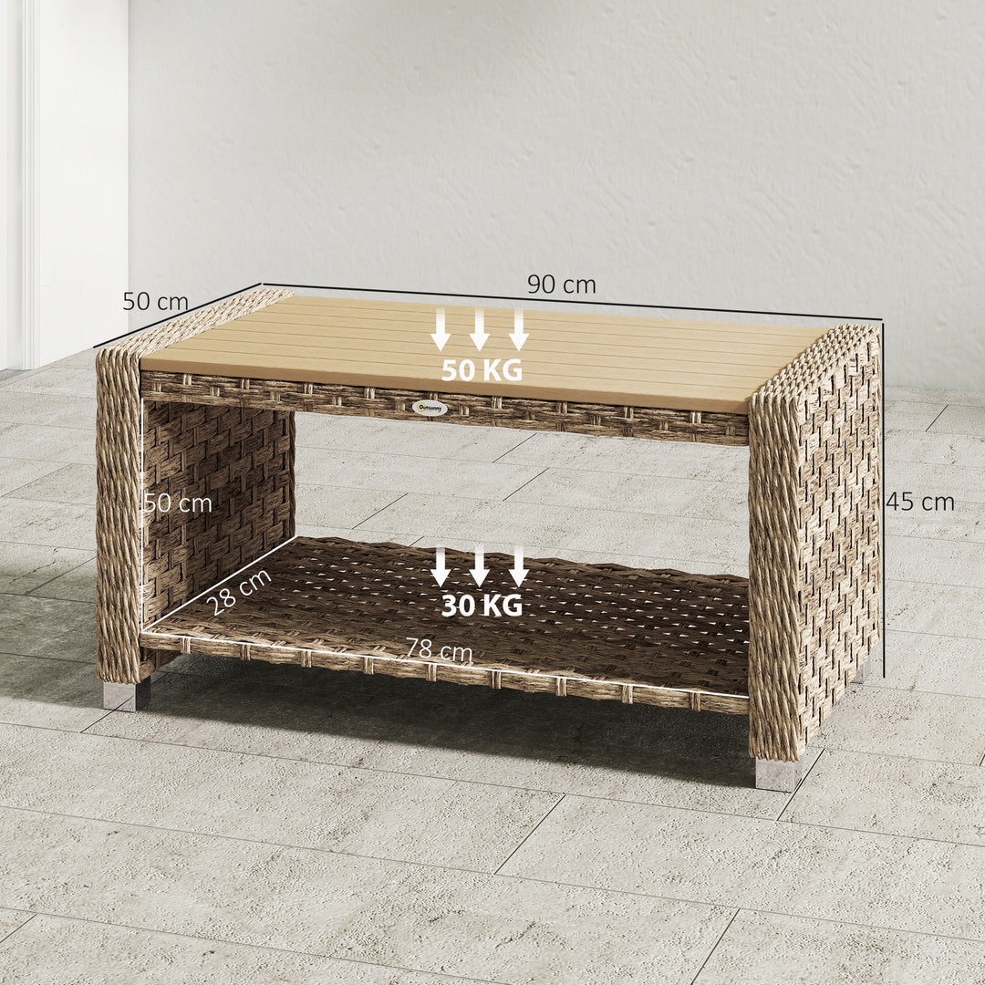 Outdoor Coffee Table with Storage Shelf, PE Rattan Side Table with Sla