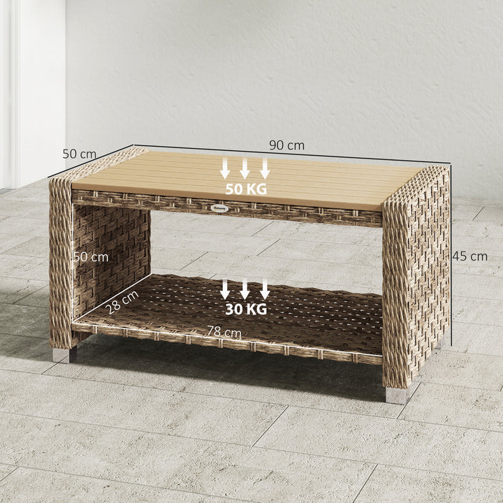 Outdoor Coffee Table with Storage Shelf, PE Rattan Side Table with Sla