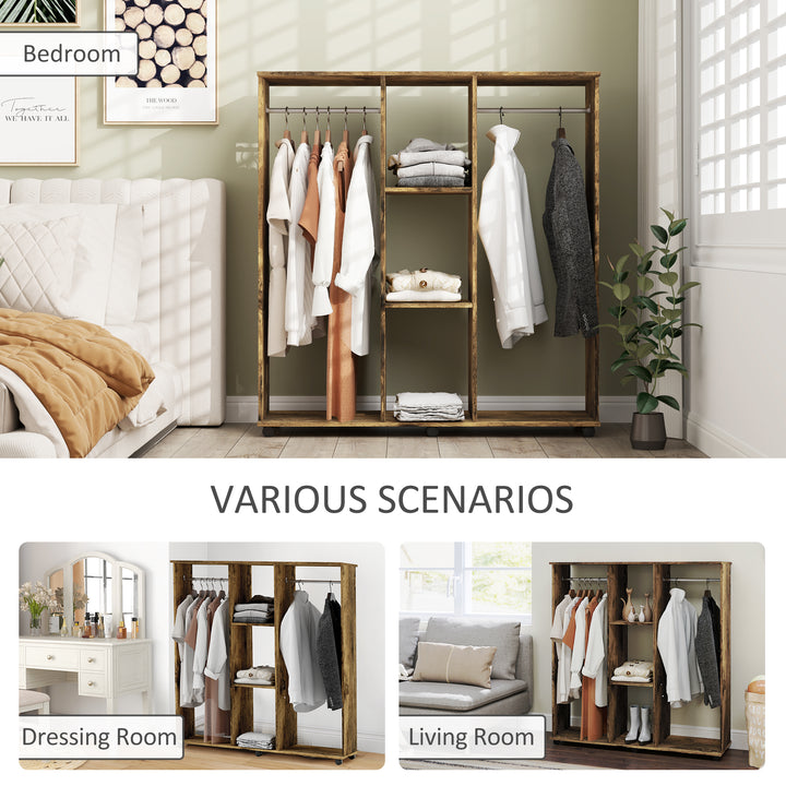 Open Wardrobe Double Mobile Storage Shelves Organizer W/6 Wheels-Rustic Brown