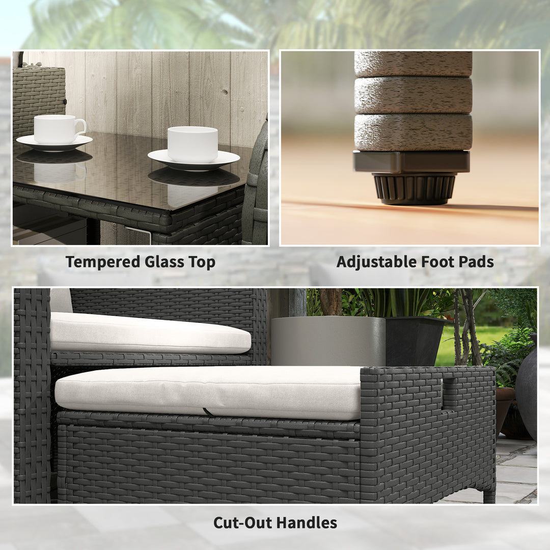 Five Piece Rattan Garden Furniture Set with 2-Tier Coffee Table and Ottomans - Cream White