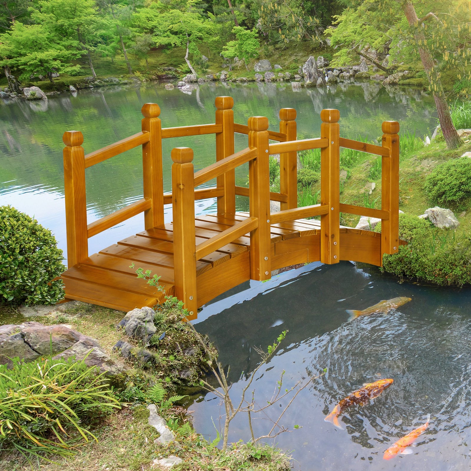 Wooden Garden Bridge with Safety Railings, Arc Footbridge for Pond Bac
