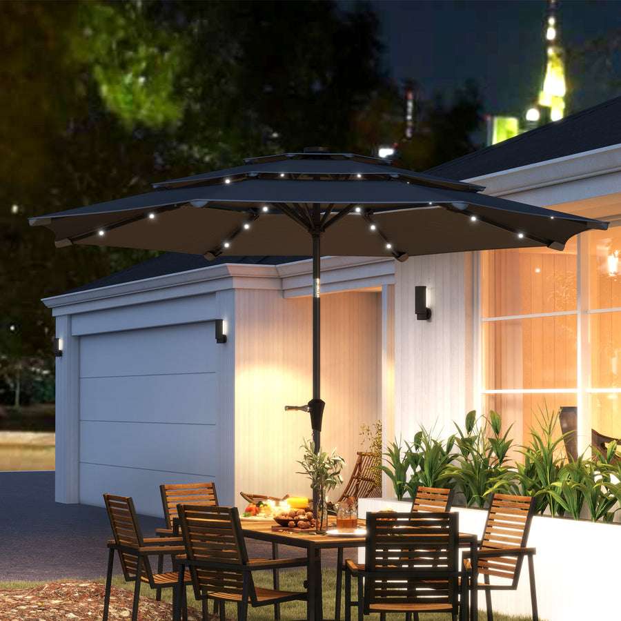 3-Tier Garden Parasol with Solar LED Lights, UPF 30+, Tilt Mechanism & Crank Handle, for Market Terrace, Dark Grey