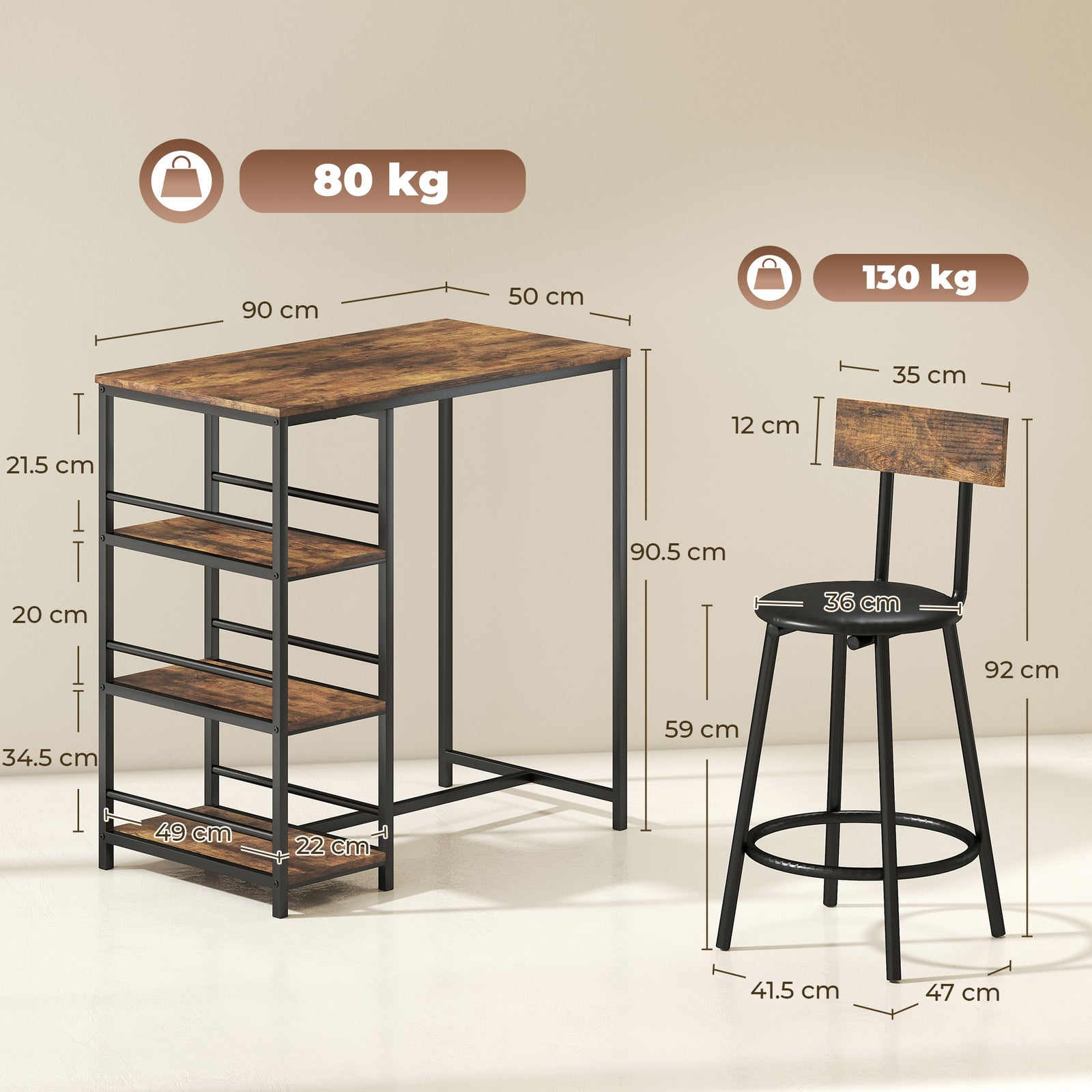 Space Saving Bar Table and PU Leather Stools for 2, 3 Piece Breakfast 
