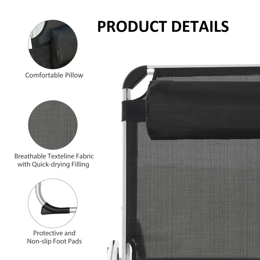 Foldable Outdoor Sun Lounger, Reclining Lounge Chair Camping Bed Cot with Pillow 4-Level Adjustable Back Aluminium Frame, Black