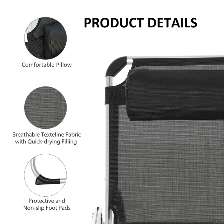 Foldable Outdoor Sun Lounger, Reclining Lounge Chair Camping Bed Cot with Pillow 4-Level Adjustable Back Aluminium Frame, Black