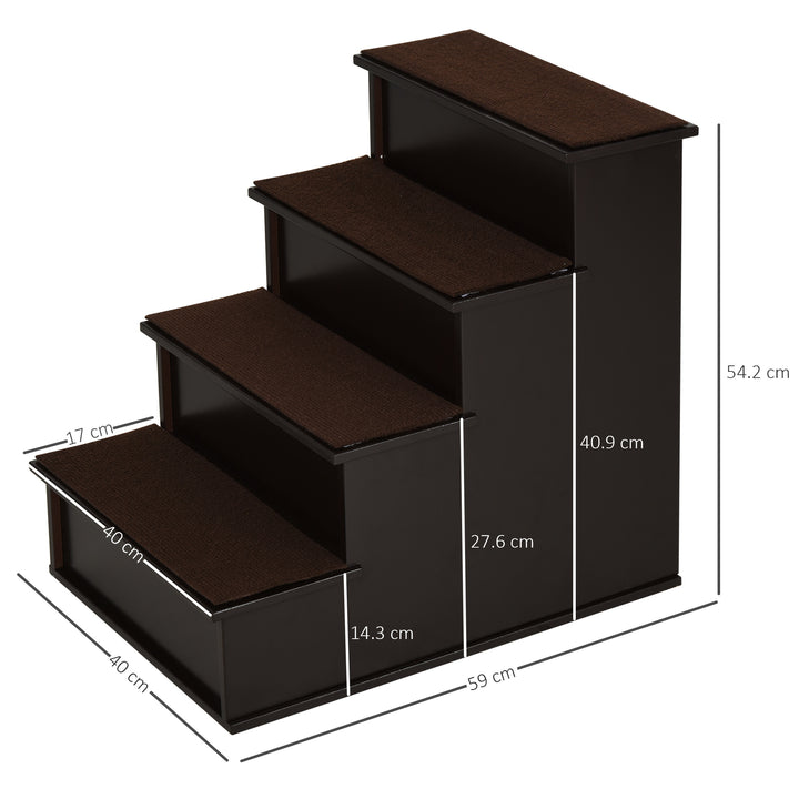 4 Step Wooden Dog Steps Pet Stairs for Dogs, Cat Ladder for Bed Couch with Non-Slip Carpet 40 x 59 x 54.2 cm, Dark brown