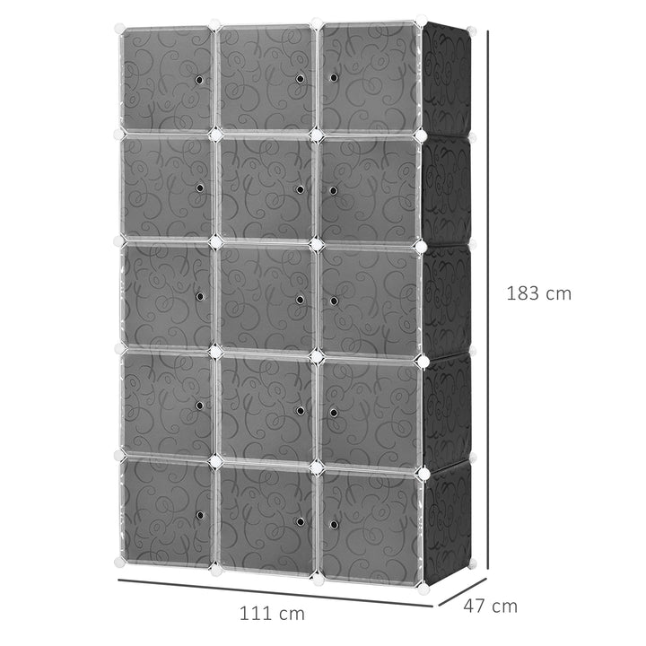Portable Wardrobe for Bedroom, 15 Cube Closet with Hanging Rail, Modular Storage Cabinet, Plastic Armoire for Space Saving, White and Black