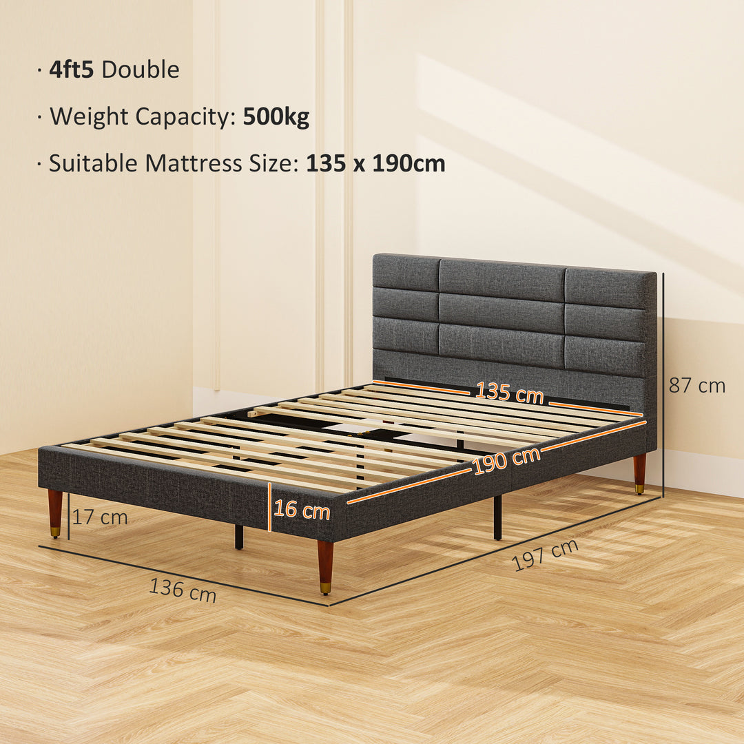 Upholstered Double Bed Frame, with Slats - Grey