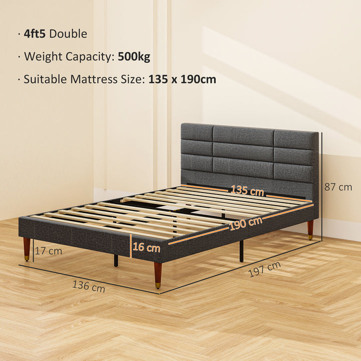 Upholstered Double Bed Frame, with Slats - Grey