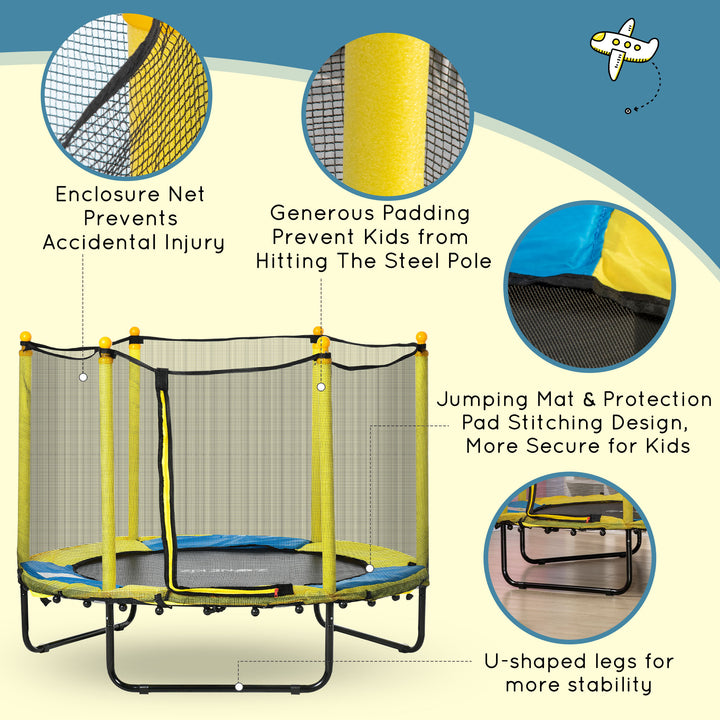 HOMCOM 4.6FT / 55 Inch Kids Trampoline with Enclosure Safety Net Pads Indoor Trampolines for Child 3-10 Years Old, Yellow | Aosom UK