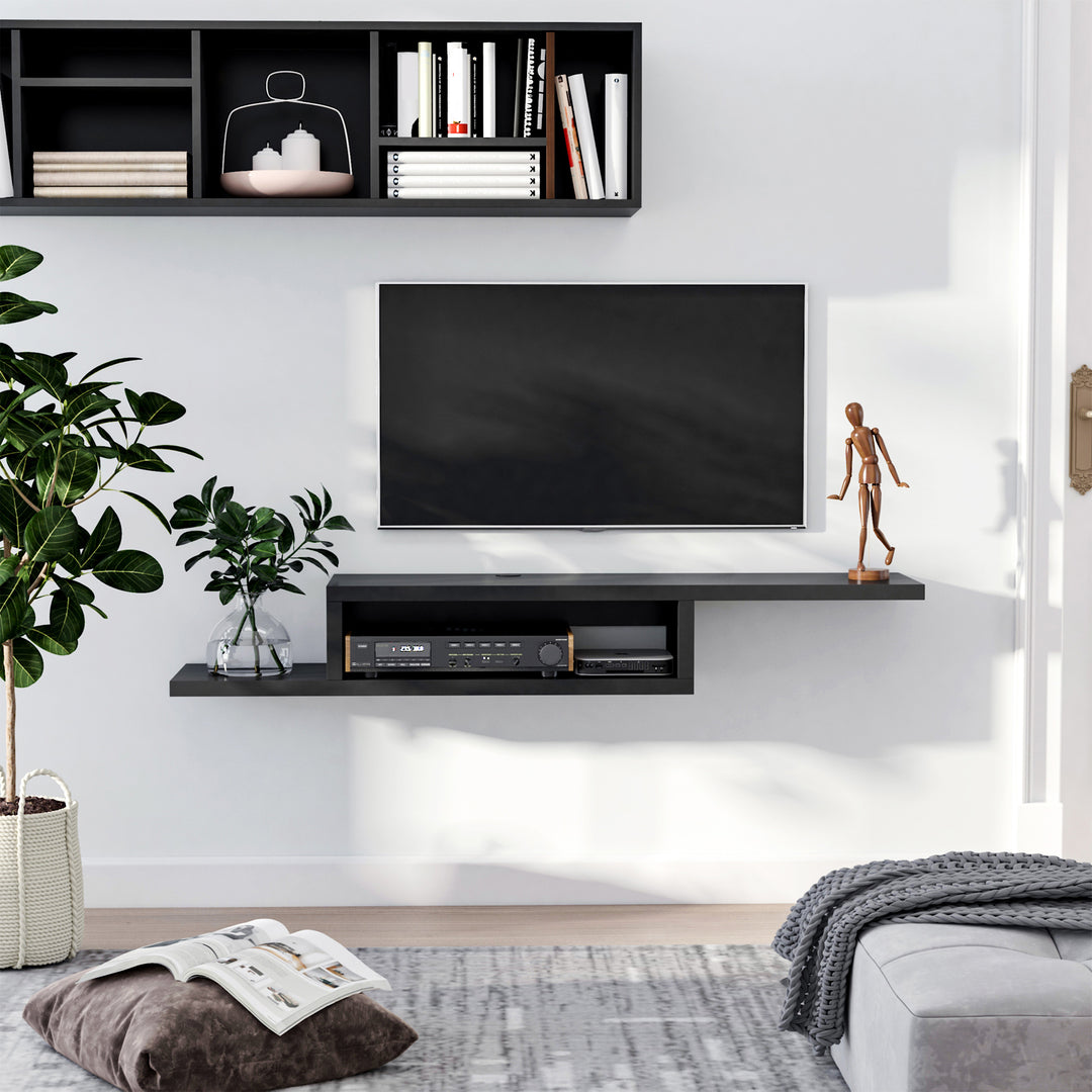Floating TV Unit, Wall Mounted TV Stand with Open Shelf and 2 Cable Holes, Entertainment Unit for Living Room