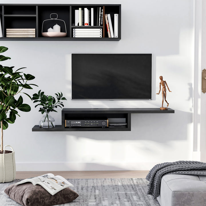 Floating TV Unit, Wall Mounted TV Stand with Open Shelf and 2 Cable Holes, Entertainment Unit for Living Room
