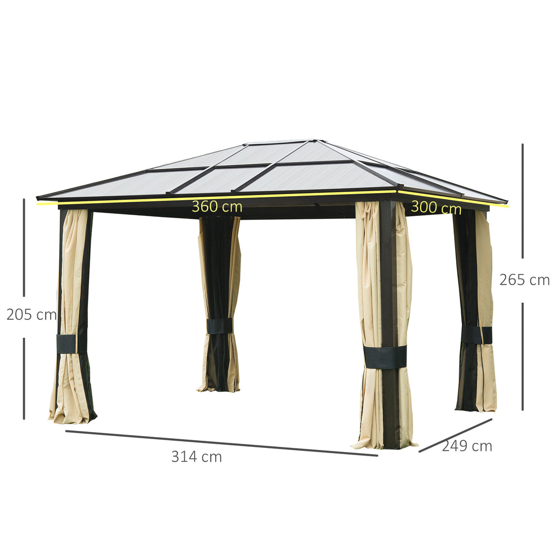 Outsunny 3.6 x 3(m) Hardtop Gazebo Canopy with Polycarbonate Roof and Aluminium Frame, Garden Pavilion with Mosquito Netting and Curtains, Brown