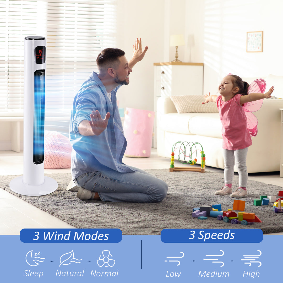 HOMCOM Freestanding 38'' Tower Fan with 3 Speeds, 3 Modes, 12h Timer, 70 Degree Oscillation, LED Panel, Remote Control, White | Aosom UK