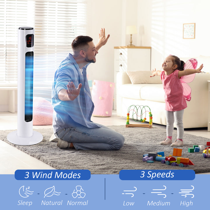 HOMCOM Freestanding 38'' Tower Fan with 3 Speeds, 3 Modes, 12h Timer, 70 Degree Oscillation, LED Panel, Remote Control, White | Aosom UK