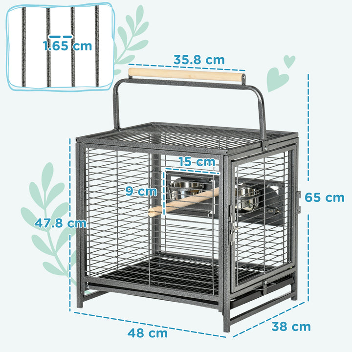 PawHut Metal Bird Cage, Portable Parrot Carrier for Green Cheek, Canary, Parakeet, Cockatiel, with Wooden Perch, Black | Aosom UK