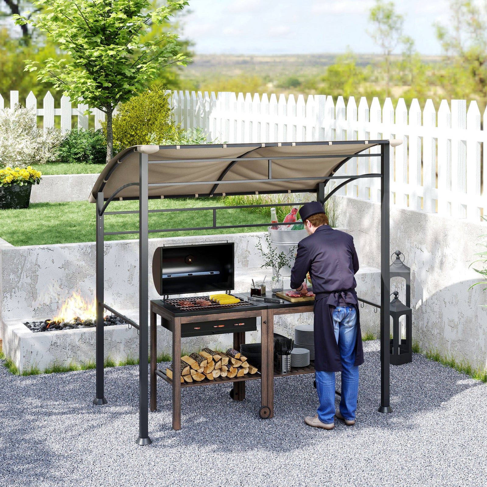 2.2 x 1.5 m BBQ Grill Gazebo Tent, Garden Grill with Metal Frame, Curved Canopy and 10 Hooks, Outdoor Sun Shade, Khaki