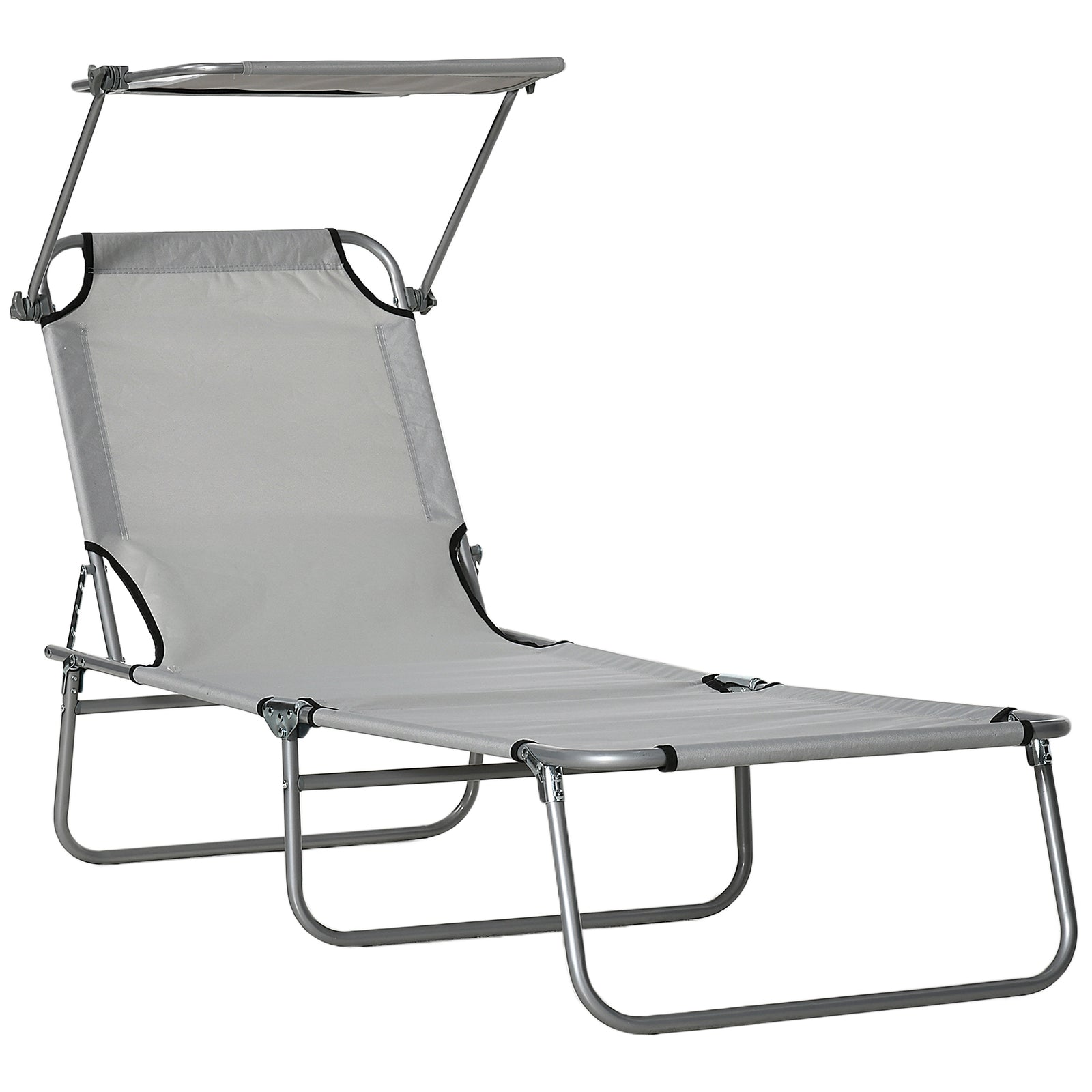 Outdoor Foldable Sun Lounger, 4 Level Adjustable Backrest Reclining Sun Lounger Chair with Angle Adjust Sun Shade Awning for Beach, Garden, Patio, Light Grey