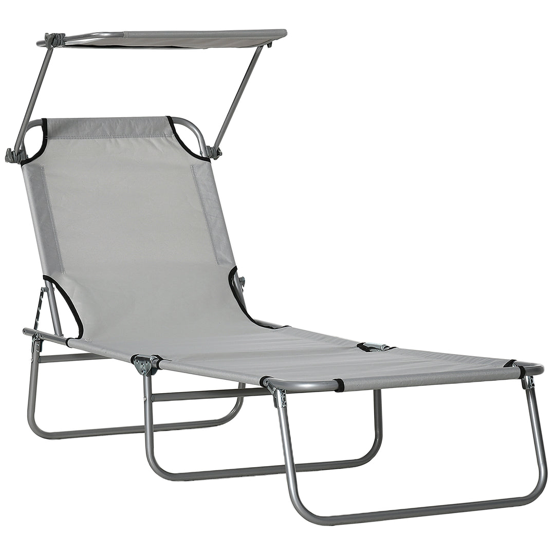 MCL Outdoor Foldable Sun Lounger, 4 Level Adjustable Backrest Reclining Sun Lounger Chair with Angle Adjust Sun Shade Awning for Beach, Garden, Patio, Light Grey