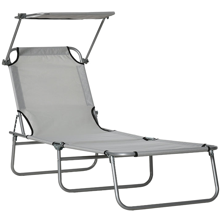 MCL Outdoor Foldable Sun Lounger, 4 Level Adjustable Backrest Reclining Sun Lounger Chair with Angle Adjust Sun Shade Awning for Beach, Garden, Patio, Light Grey