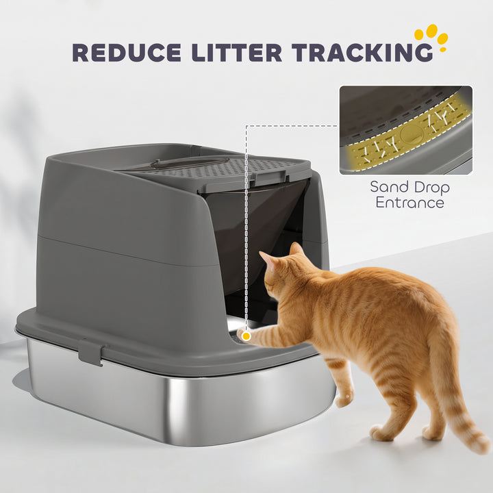Large Stainless Steel Litter Box, Enclosed Metal Cat Litter Tray with 