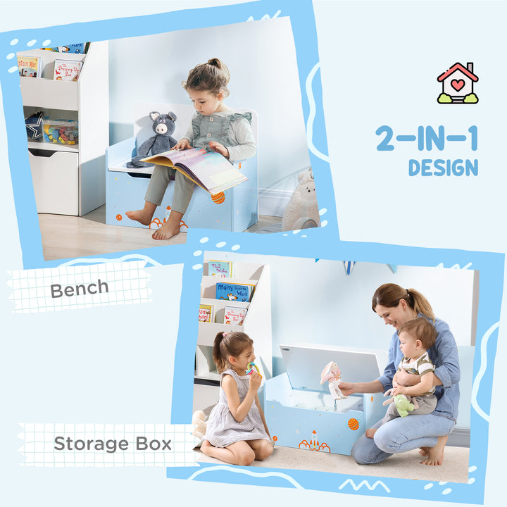 ZONEKIZ 2-IN-1 Wooden Toy Box, Kids Storage Bench Toy Chest with Safety Pneumatic Rod, Rocket Pattern, Blue | Aosom UK