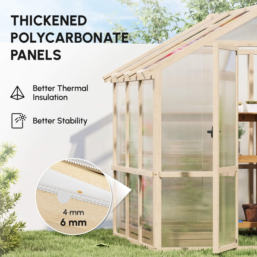 6.6 x 6ft Polycarbonate Greenhouse, Walk-in Wooden Greenhouse with Loc