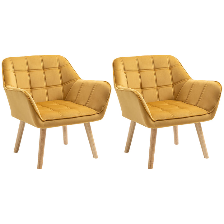 HOMCOM Accent Armchair Duo: Plush Padded Seating with Slanted Back, Iron Frame & Wooden Legs, Sunshine Yellow | Aosom UK