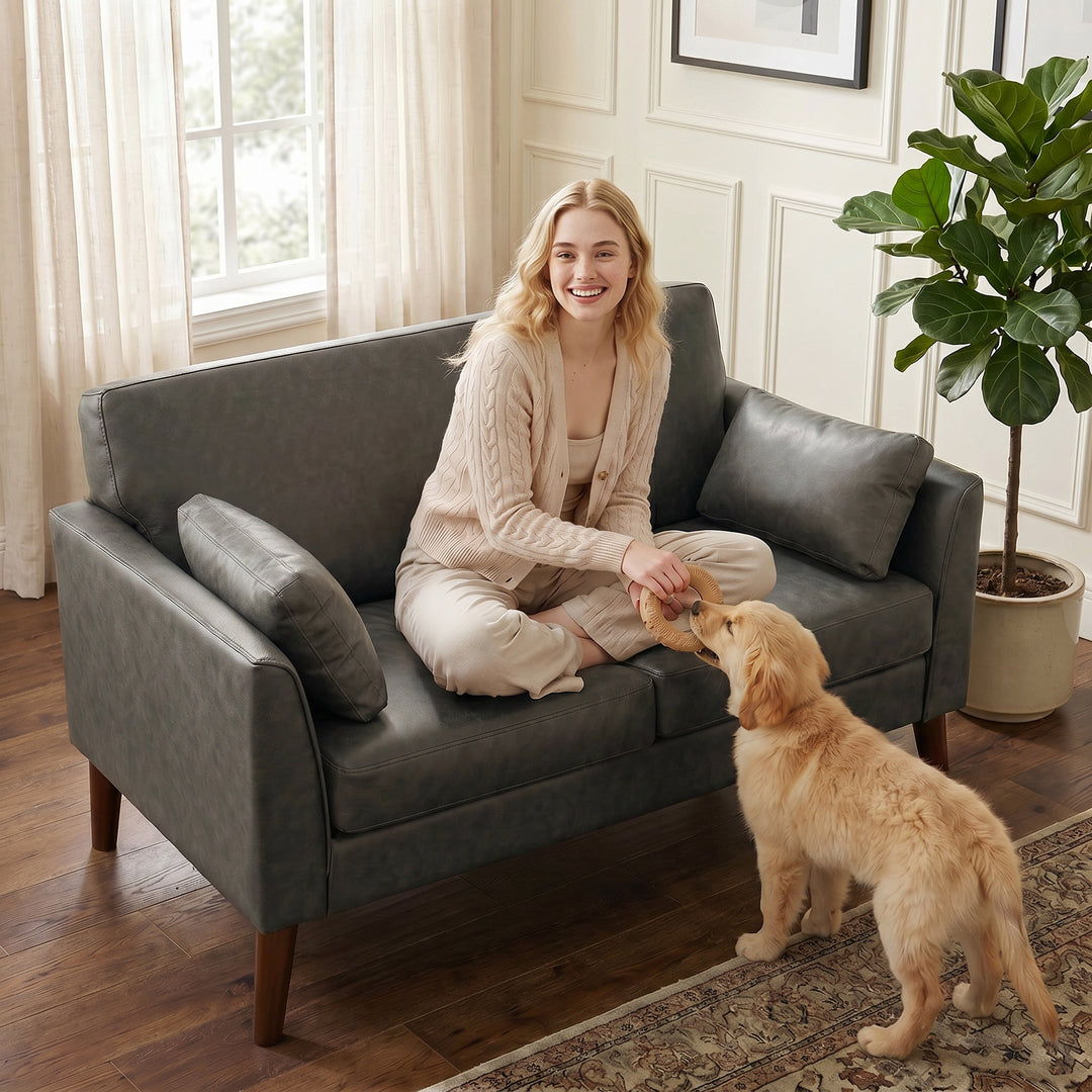 2 Seater Sofa, 132 cm Modern Small Sofa with Solid Wood Legs and 2 Pil