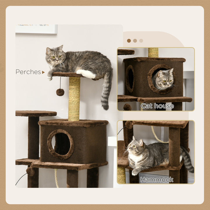 PawHut 136cm Cat Tree for Indoor Cats, Modern Cat Tower with Scratching Posts, house, Platforms, Toy Ball - Brown | Aosom UK